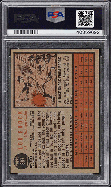 1962 Topps Lou Brock Rookie RC baseball card #387 graded PSA 9 back side