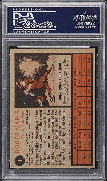 1962 Topps Roger Maris baseball card #1 graded PSA 8 back side