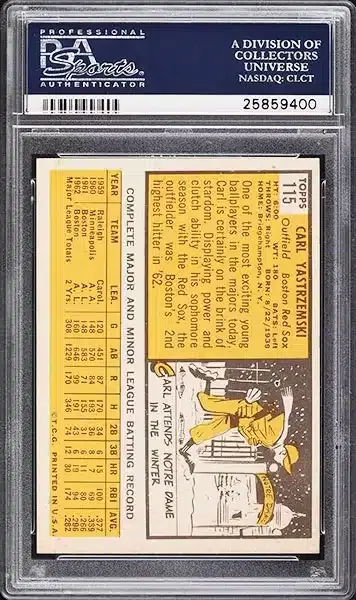 1963 Topps Carl Yastrzemski #115 PSA 8 back side