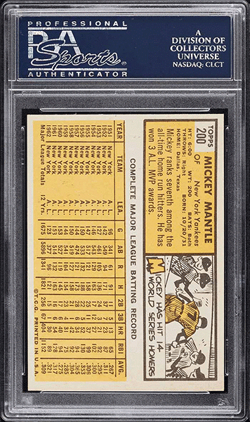 1963 Topps Mickey Mantle baseball card #200 graded PSA 9 back side