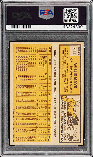 1963 Topps Willie Mays baseball card #300 graded PSA 9 back side
