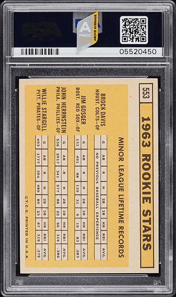 1963 Topps Willie Stargell ROOKIE #553 PSA 9 back side