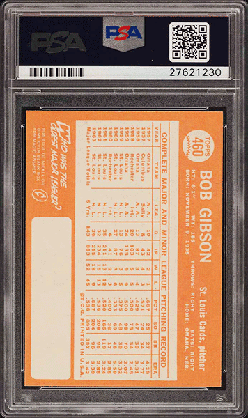 1964 Topps Bob Gibson baseball card #460 graded PSA 9 back side