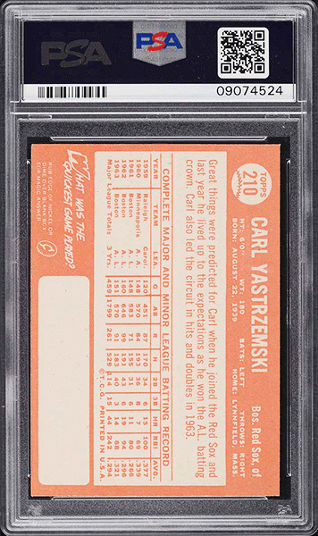 1964 Topps Carl Yastrzemski baseball card #210 graded PSA 9 back side