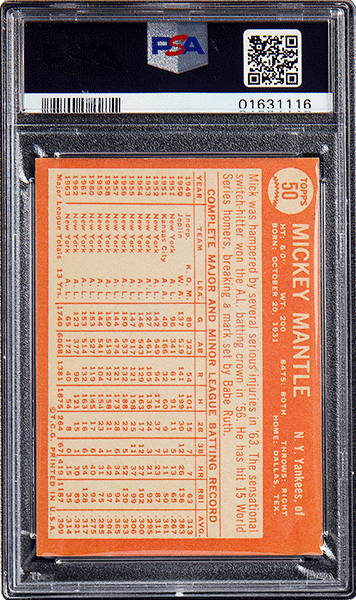 1964 Topps Mickey Mantle baseball card #50 graded PSA 9 back side