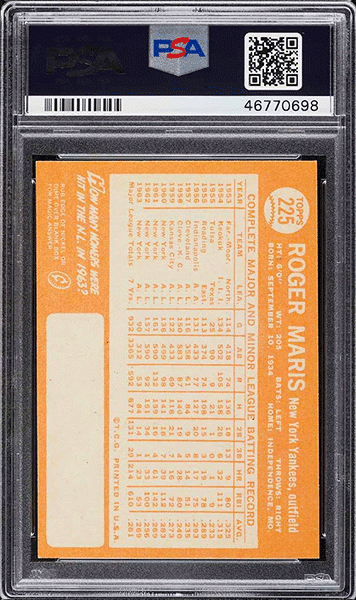 1964 Topps Roger Maris baseball card #225 graded PSA 9 back side