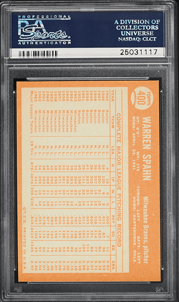 1964 Topps Warren Spahn baseball card #400 graded PSA 9 back side