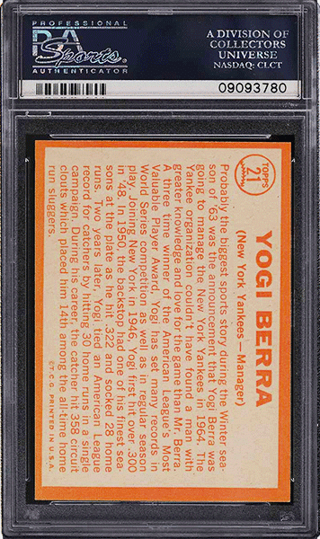 1964 Topps Yogi Berra baseball card #21 graded PSA 9 back side