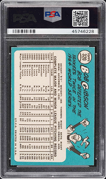 1965 Topps Bob Gibson baseball card #320 graded PSA 9 back side