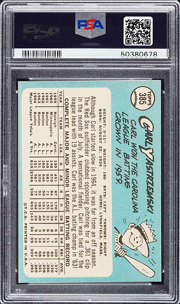 1965 Topps Carl Yastrzemski baseball card #385 PSA 9 back side
