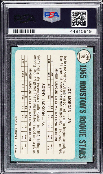 1965 Topps Joe Morgan ROOKIE baseball card #16 graded PSA 9 back side