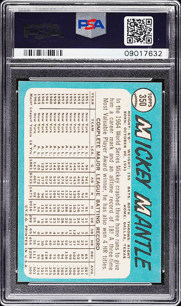 1965 Topps Mickey Mantle baseball card #350 graded PSA 9 back side