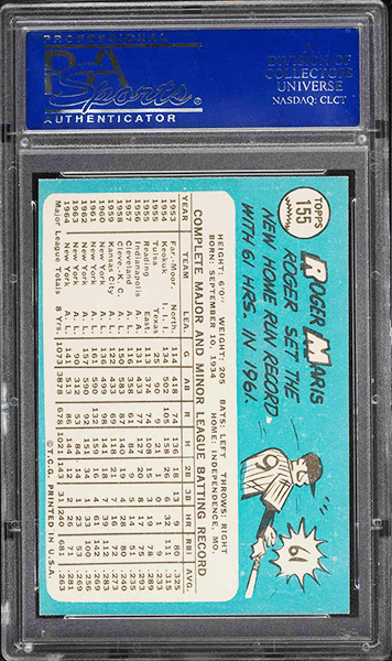 1965 Topps Roger Maris baseball card #155 graded PSA 9 back side