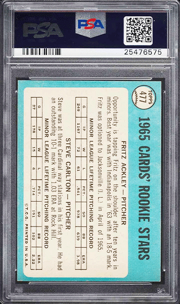 1965 Topps Steve Carlton ROOKIE baseball card #477 graded PSA 9 back side