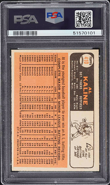 1966 Topps Al Kaline baseball card #410 graded PSA 9 back side