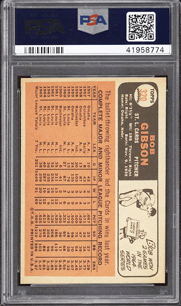 1966 Topps Bob Gibson baseball card #320 graded PSA 9 back side