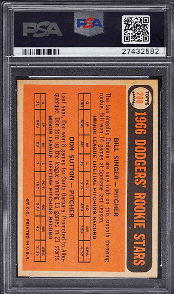 1966 Topps Don Sutton rookie baseball card #288 graded PSA 9 back side
