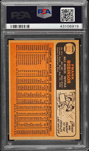 1966 Topps Frank Robinson baseball card #310 graded PSA 9 back side