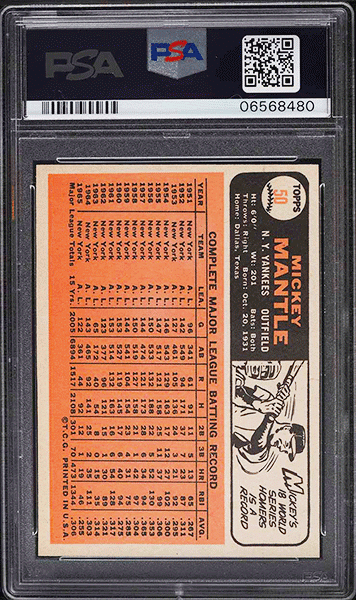 1966 Topps Mickey Mantle baseball card #50 graded PSA 9 back side