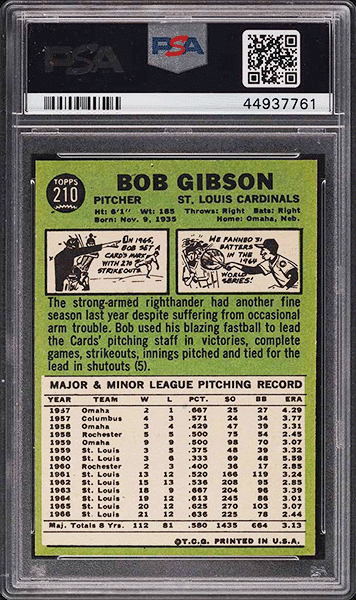 1967 Topps Bob Gibson baseball card #210 graded PSA 9 back side