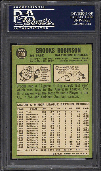 1967 Topps Brooks Robinson SHORT PRINT #600 PSA 9 MINT back side