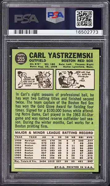 1967 Topps Carl Yastrzemski #355 PSA 9 back side
