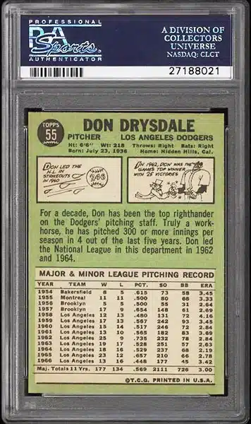 1967 Topps Don Drysdale #55 PSA 9 back side