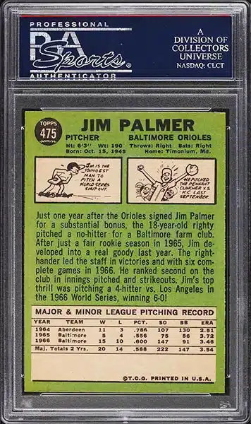 1967 Topps Jim Palmer #475 PSA 9 back side