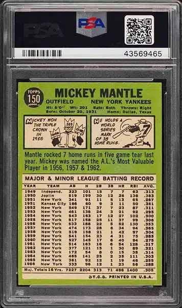 1967 Topps Mickey Mantle baseball card #150 graded PSA 9 back side