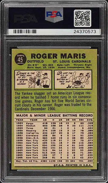 1967 Topps Roger Maris #45 PSA 9 back side