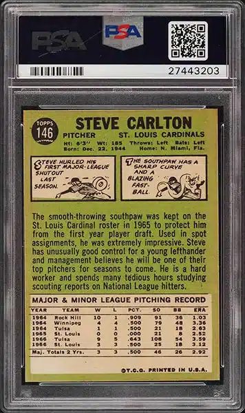1967 Topps Steve Carlton #146 PSA 9 back side