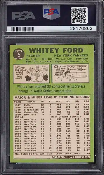 1967 Topps Whitey Ford #5 PSA 9 back side