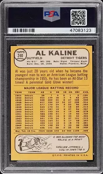1968 Topps Al Kaline #240 PSA 9 back side