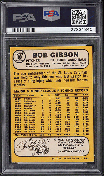 1968 Topps Bob Gibson baseball card #100 graded PSA 9 back side