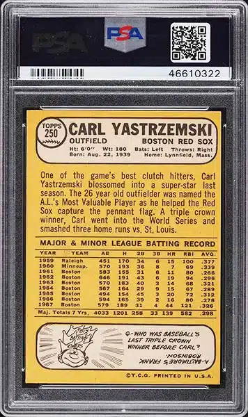 1968 Topps Carl Yastrzemski #250 PSA 9 back side