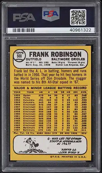 1968 Topps Frank Robinson #500 PSA 9 back side