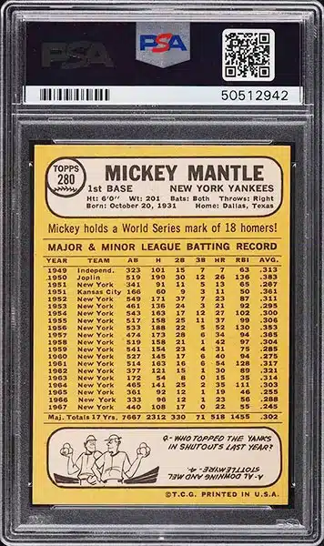 1968 Topps Mickey Mantle #280 PSA 9 back side
