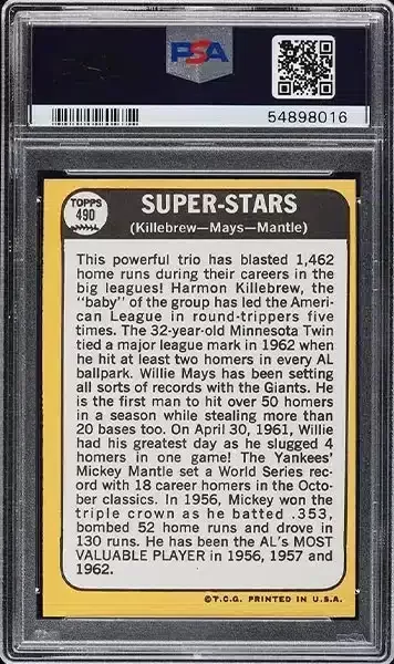 1968 Topps Mickey Mantle Willie Mays Harmon Killebrew SUPER STARS #490 back side