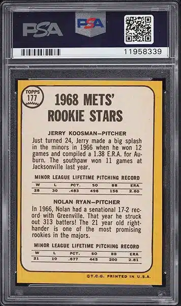 1968 Topps Nolan Ryan Rookie RC baseball card #177 graded PSA 9 back side