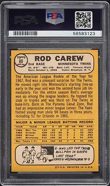 1968 Topps Rod Carew #80 PSA 9 back side