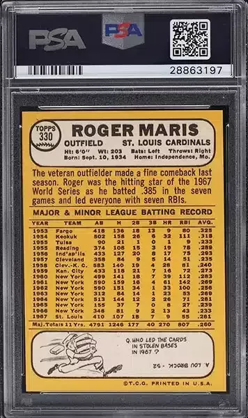 1968 Topps Roger Maris #330 PSA 9 back side