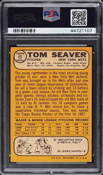 1968 Topps Tom Seaver #45 PSA 9 back side