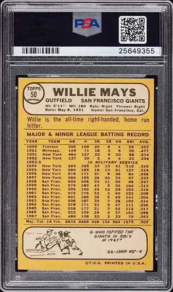 1968 Topps Willie Mays #50 PSA 9 back side