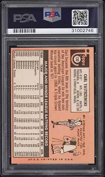 1969 Topps Carl Yastrzemski #130 PSA 9 back side