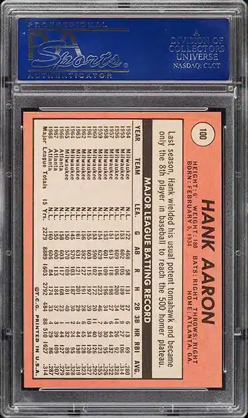 1969 Topps Hank Aaron baseball card #100 PSA 9 back side