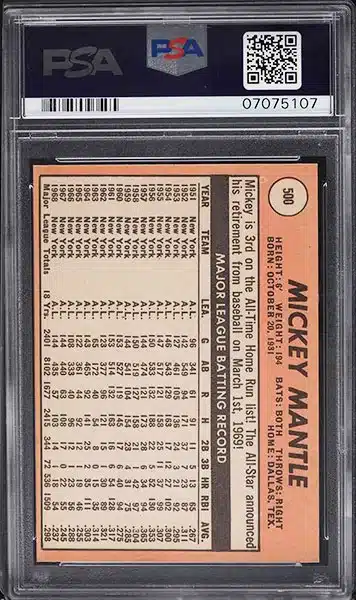 1969 Topps Mickey Mantle #500 PSA 9 back side