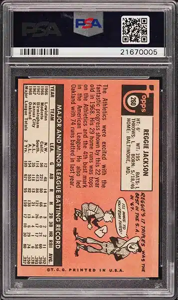1969 Topps Reggie Jackson Rookie RC baseball card #260 graded PSA 9 back side