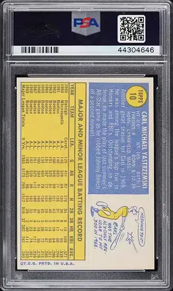 1970 Topps Carl Yastrzemski #10 PSA 9 back side