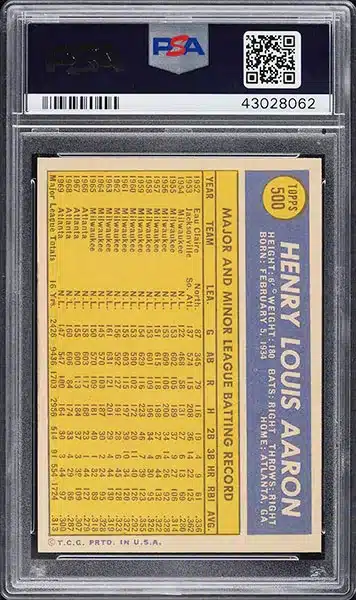 1970 Topps Hank Aaron baseball card #500 PSA 9 back side