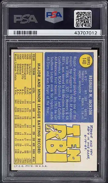 1970 Topps Reggie Jackson baseball card #140 graded PSA 9 back side